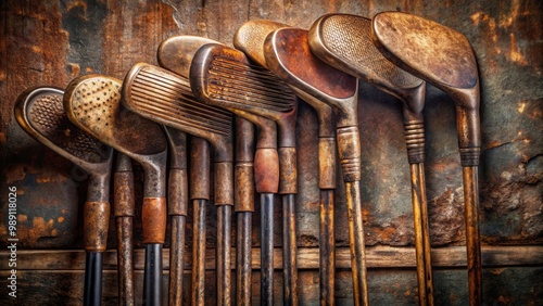 Vintage rusted golf clubs arranged showcasing their age and beauty for history enthusiasts