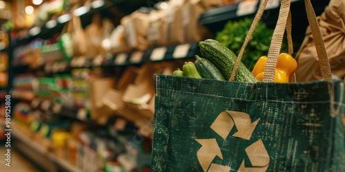 Sustainable grocery store promoting eco-friendly practices, reusable fabric bags, and a focus on climate action with a zero waste approach and a reduction in carbon footprint