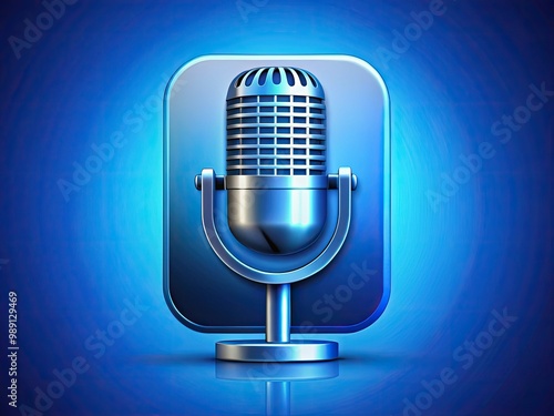 A sleek, modern microphone icon on a bright, gradient blue background, symbolizing communication, public speaking, and audio recording, with clean lines and a metallic sheen effect.