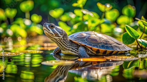 A small, wild diamondback terrapin swims near the surface of a tranquil, sun-dappled freshwater pond surrounded by lush green aquatic vegetation and water lilies.