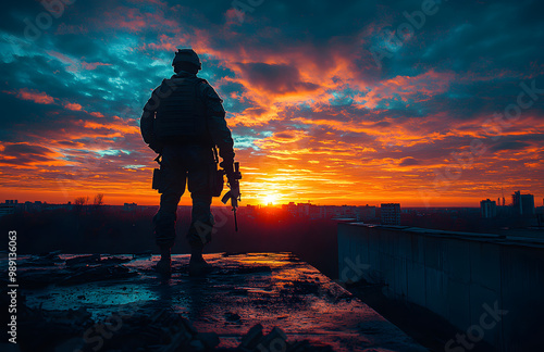 Silhouette of an Armed Soldier Standing Guard at Sunrise on a Rooftop