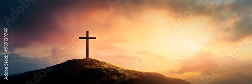 Shining cross on Calvary hill, sunrise, sunset sky background. Copy space. Ascension day concept. Christian Easter. Faith in Jesus Christ. Christianity. Church worship, salvation concept.