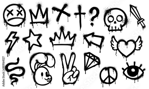 Graffiti spray paint, grunge ink elements of vector street art. Black spray paint heart, star, crown, dead smile emoji and peace symbol, drips and splashes. Graffiti arrow, skull, lightning and eye