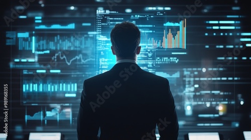 Businessman with virtual charts surrounding him, financial foresight, market predictions