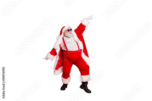 Full length photo of handsome old dabber fat funny santa claus in eyeglasses dance with his hand raised wearing style stylish trendy trousers pants isolated over red background