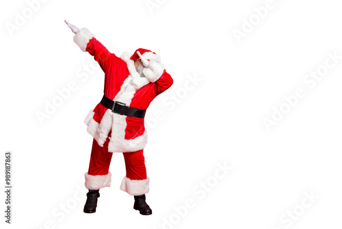 Full length body size view of his he carefree fat overweight plump gray-haired bearded man St Saint Nicholas having fun christmastime occasion isolated over bright vivid shine red background