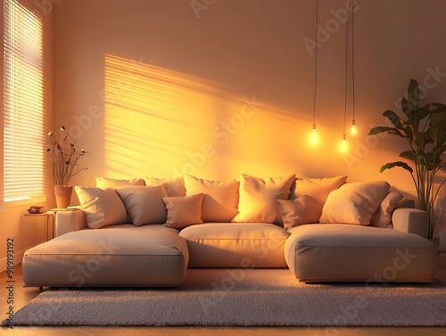 Cozy and inviting modern living room with a large comfortable sectional sofa and minimalist stylish decor warm tones soft lighting Scandinavian aesthetic and a relaxing atmosphere