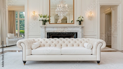 A large white couch sits in a living room with a fireplace and a mirror. The room is well-lit and has a clean, elegant feel