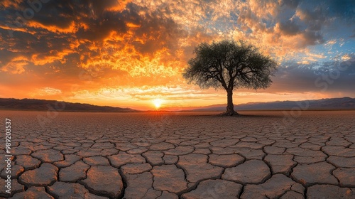 lone tree standing in a vast desert, with dry, cracked ground stretching out in all directions and a dramatic sky overhead