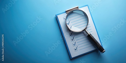 A magnifying glass over a checklist against a blue background, symbolizing attention to detail and verification in tasks