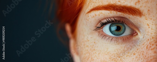 Close-up of a human eye showcasing vibrant color and freckles, emphasizing natural beauty and emotion against a dark background.