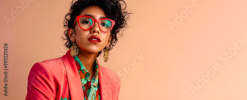 Fashionable woman wearing red glasses, bold earrings, and a colorful outfit with a coral blazer against a peach background, representing style, confidence, and modern fashion