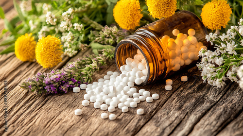 A close-up of small homeopathic medicine bottles and tiny white pills arranged on a wooden table with fresh herbs and flowers beside them. 