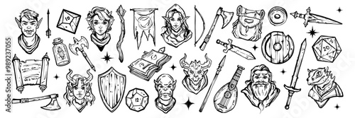 Fantasy RPG game icon, medieval dungeon dragon character face, hand drawn vector weapon, shield, bow. Role playing items doodle collection, magic book, sword, wizard staff. Fantasy icon hero art set