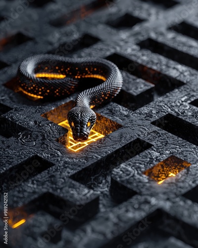 Mystical black snake entwined in a dark, textured maze with glowing orange details, symbolizing mystery and intrigue.