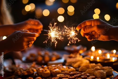 close-up of hands holding sparklers, with backdrop of traditional Diwali sweets and snacks arranged on a table. festive spirit and joyous moments shared during the festival