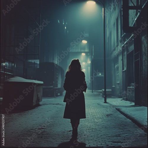 A solitary woman in dark coat walks through a dimly lit, misty urban alley at night, creating a mysterious atmosphere.