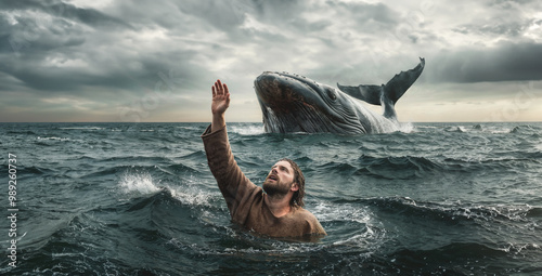 Jonah and the Whale. Jonah drowning after he fell off the ship when trying to flee from god. Then a whale came and swallowed Jonah. Symbolizing: Missionary, Accountability, Submission, Covenant