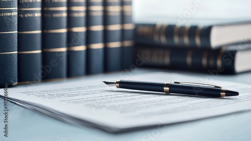 Close-up of documents and a pen resting on a table, with law books in the background, soft focus.