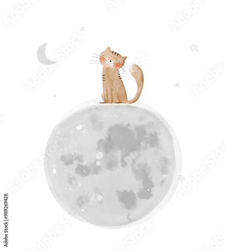 Cute Watercolor Vector Print with Happy Brown Cat and Moon. Funny Kitty ​on a White Background. Lovely Hand Drawn Nursery Art with Sweet Kitten Sitting on the Moon. Kids' Room Decoration. 