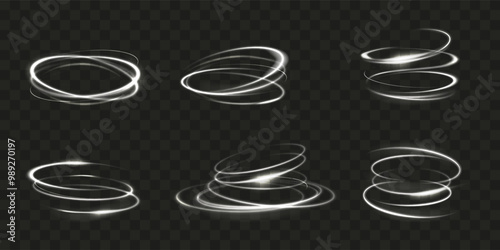 Light swirl. Spin motion effect. White line circle whirlwind. Rings rotation. Circular speed flare. Vortex glow. Tornado twirl with luminous sparkles. Spiral twist. Vector elements set