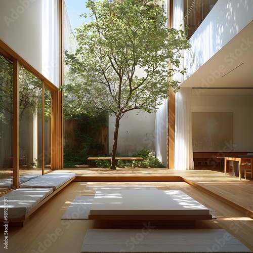 Tranquil and serene modern home courtyard design featuring natural elements such as a tree plants and wood accents in a minimalist light filled architectural interior