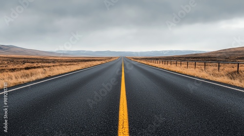 Empty border road stretching into the horizon, blocked by a steel gate, deserted checkpoint under grey skies, long shot