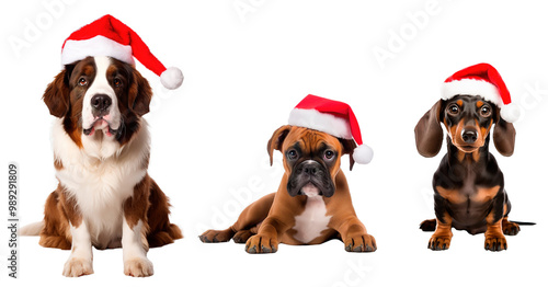 St. Bernard, boxer and Dachshund dogs wearing Santa's hat