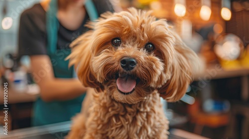 A happy, brown dog with fluffy fur smiles at the camera. The dog is sitting in a shop setting.