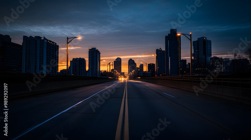 A high-speed chase on an empty bridge at dawn the city skyline silhouetted against the morning sky.