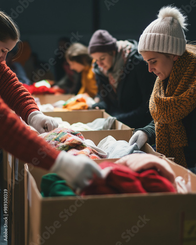 Volunteers sorting winter clothes during a charity drive in warm hats and scarves 