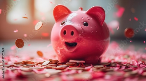 whimsical scene of a surprised pink piggy bank midexplosion with coins dramatically flying out in all directions