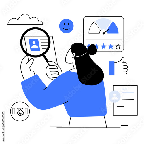 A person holding a resume with various business-related icons, such as a performance gauge, handshake, and approval thumbs-up. Ideal for human resources, job recruitment, employee evaluation