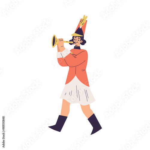 Orchestra with Marching Woman Character in Red Uniform with Trumpet Vector Illustration