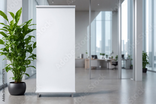 Pull up banner mockup stands in a stylish building hallway. Blank roll-up display for promotional or marketing content in a corporate interior.