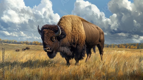 Bison in a Field with a Cloudy Sky