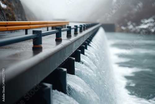 A close-up view of a hydroelectric dam with water flowing over its edge, showcasing renewable energy and water power technology.