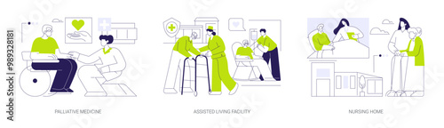 Hospice and palliative medicine abstract concept vector illustrations.