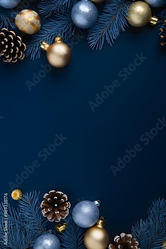 Christmas Blue Background with Golden Ornaments