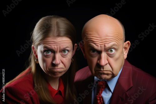 Angry Man and Woman glare with disapproving expressions, their furrowed brows and piercing eyes conveying strong judgment.