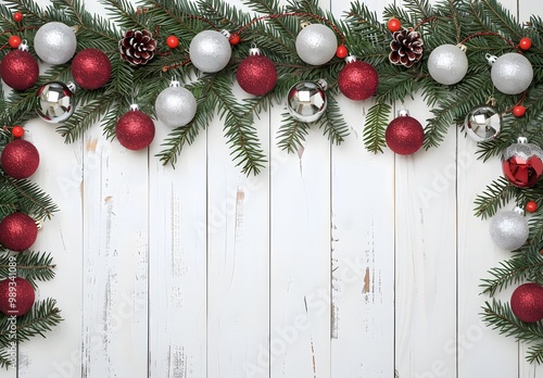 Christmas Garland Border with Red & Silver Ornaments