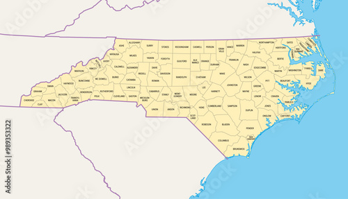 North Carolina counties, political map with borders county names. State in the Southeastern region of United States, subdivided into 100 counties. Nicknamed The Tar Heel State and The Old North State.