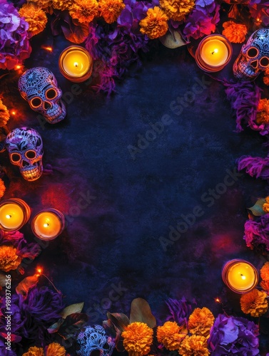 Vibrant Day of the Dead altar with colorful marigolds, candles, and sugar skulls on a dark background.