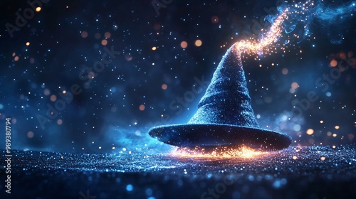 A magician’s hat with glowing sparks flying out of it, set against a starry night background for a magical, surreal atmosphere