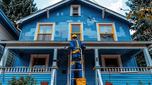 Painter applying fresh blue paint to a charming house on a sunny day in a residential neighborhood