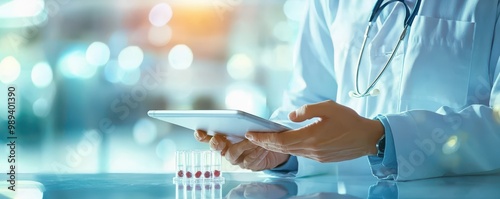 Doctor holding tablet and test tubes in a laboratory setting with blurred background.