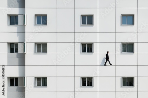 Surreal scene of businessman walking vertically on modern building façade