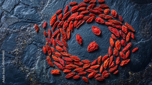 Dried goji berries arranged in a spiral pattern on a dark stone background for a bold, contrasting composition