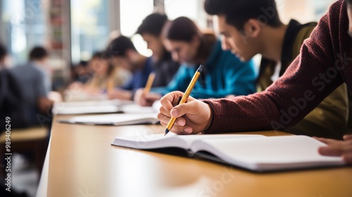 Close up of a student s hand writing with a pen on paper during a school examination in a hall.