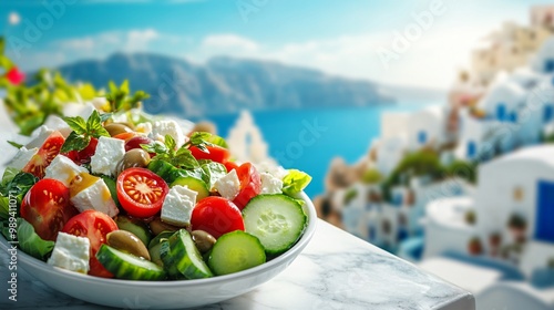 Fresh Greek salad with feta cheese, tomatoes, cucumbers, and olives in a white bowl on a marble surface with a view of the Mediterranean Sea and white buildings.